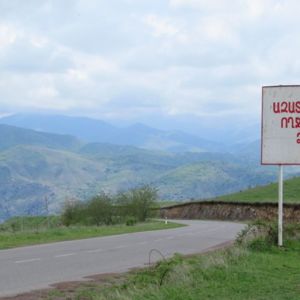 A roadside sign welcomes travellers arriving in the Republic of Nagorno Karabakh